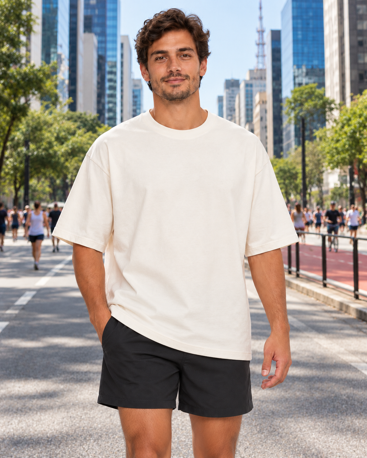 Mesmo modelo masculino com Camiseta Oversized Essencial Off White em cenário ilustrativo inspirado na Avenida Paulista