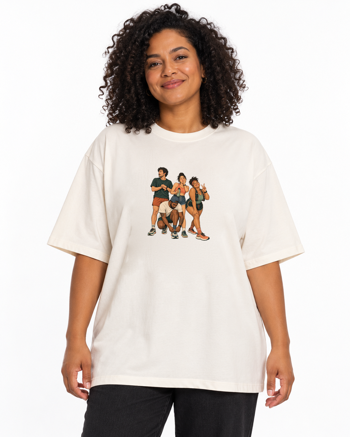 Camiseta Oversized Foto Antes da Largada — mulher em fundo branco