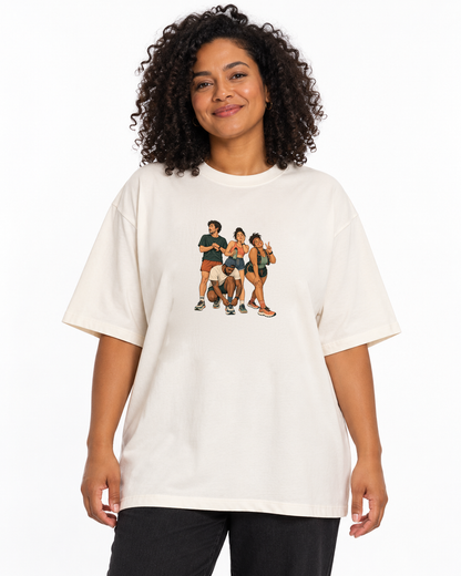 Camiseta Oversized Foto Antes da Largada — mulher em fundo branco