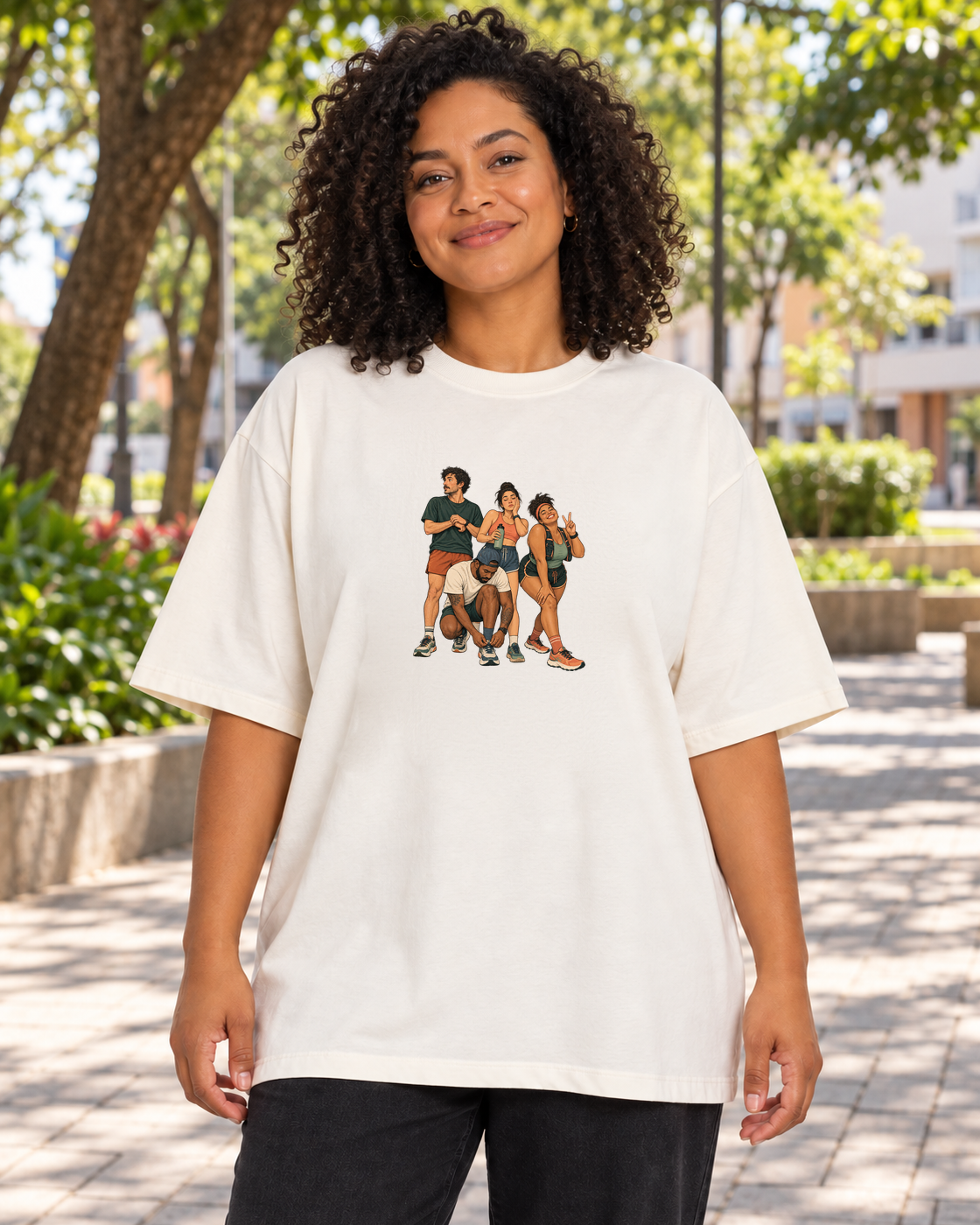 Camiseta Oversized Foto Antes da Largada — mulher em ambiente