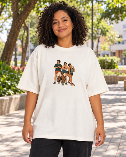 Camiseta Oversized Foto Antes da Largada — mulher em ambiente