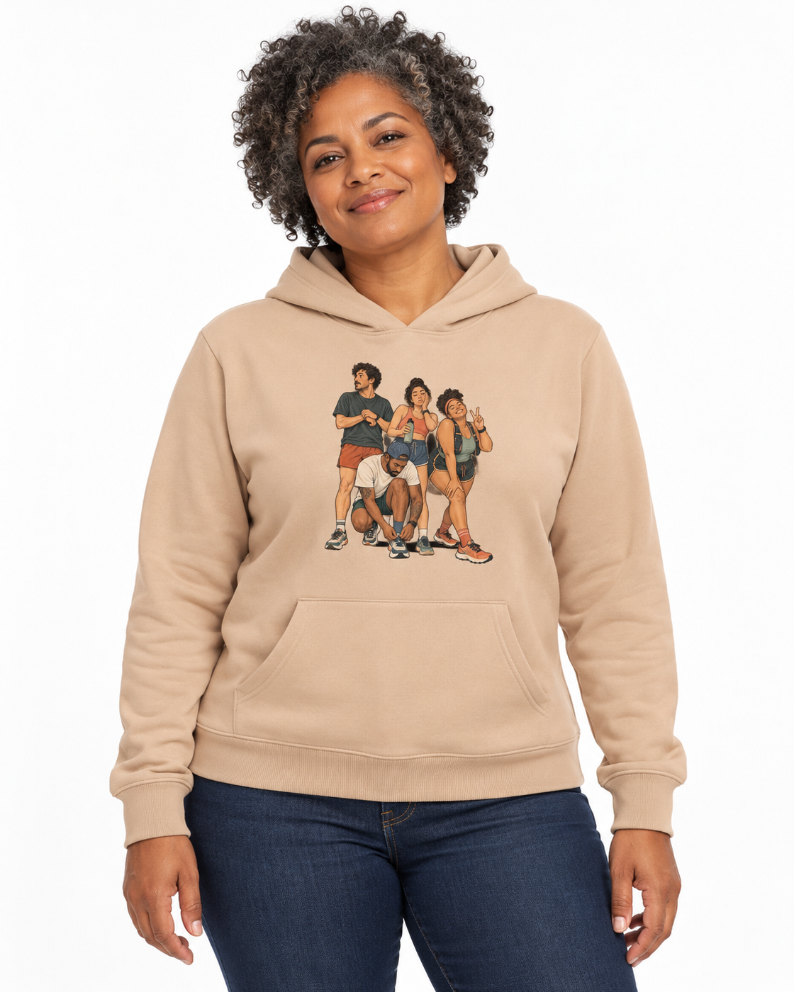 Hoodie Moletom Foto Antes da Largada — mulher em fundo branco, amêndoa