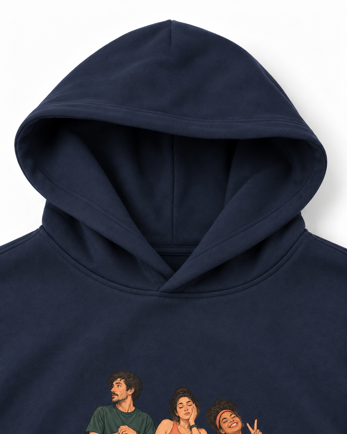 Hoodie Moletom Foto Antes da Largada — detalhe do capuz e gola, marinho