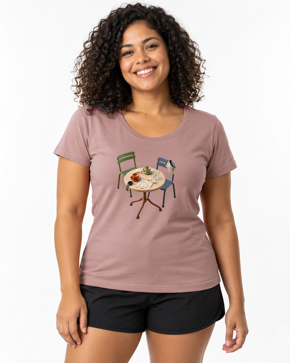Camiseta Unissex Mesa de Encontro — mulher em fundo branco