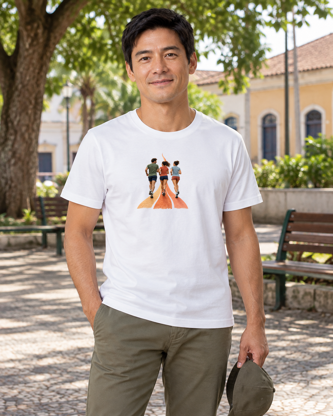 Camiseta Algodão Peruano Último Quilômetro Juntos — homem em ambiente
