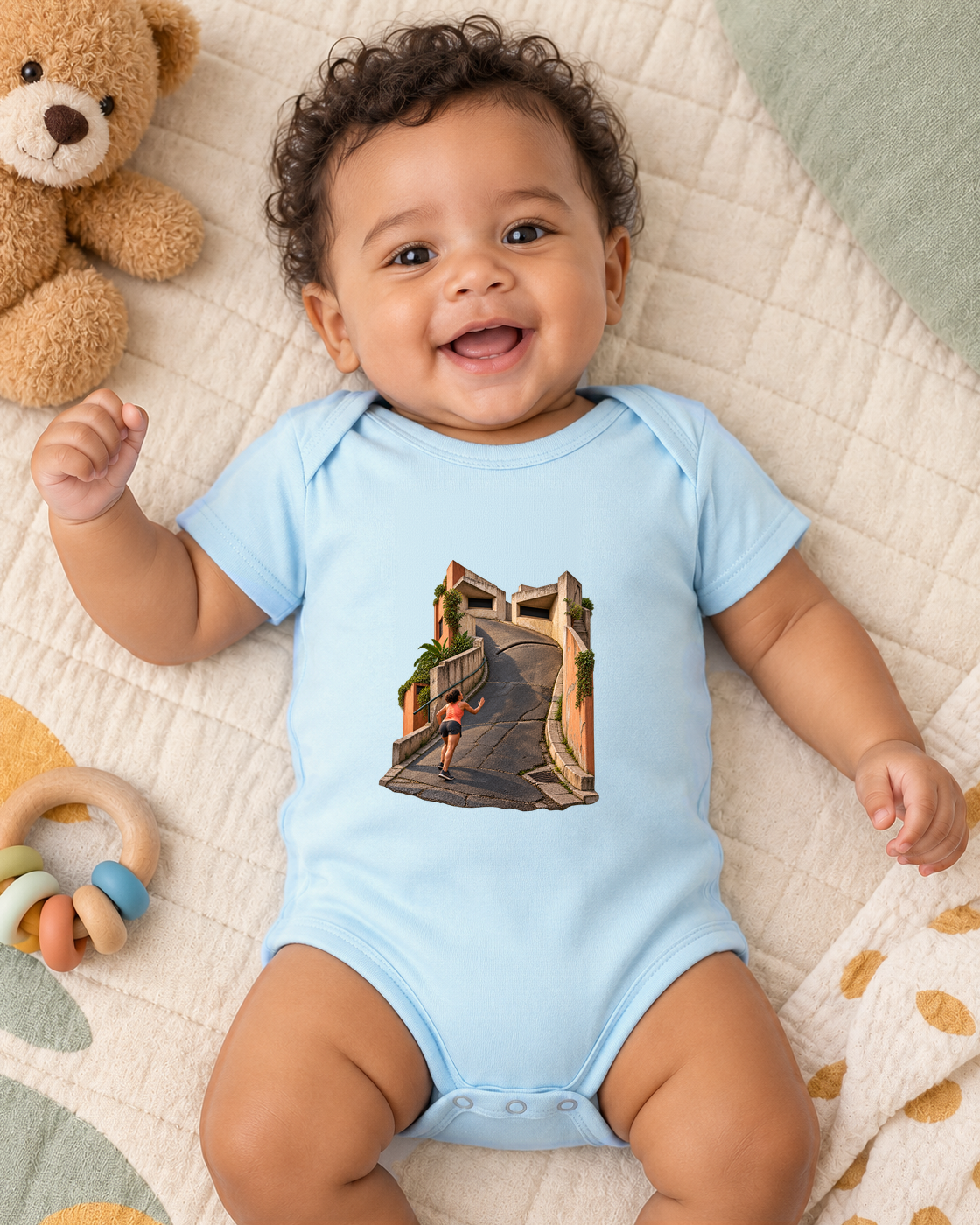 Body Infantil Azul Bebê - A Ladeira Opina, sobre manta