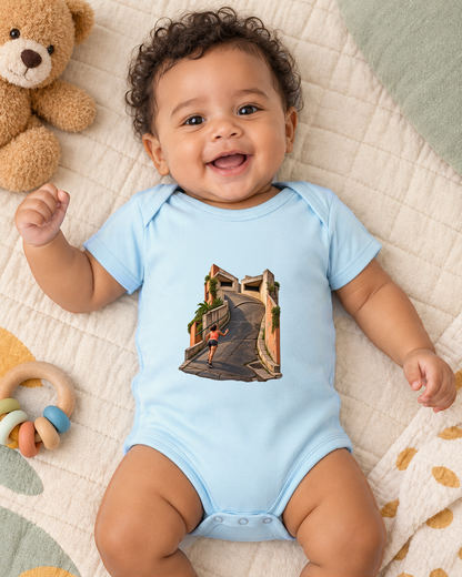 Body Infantil Azul Bebê - A Ladeira Opina, sobre manta