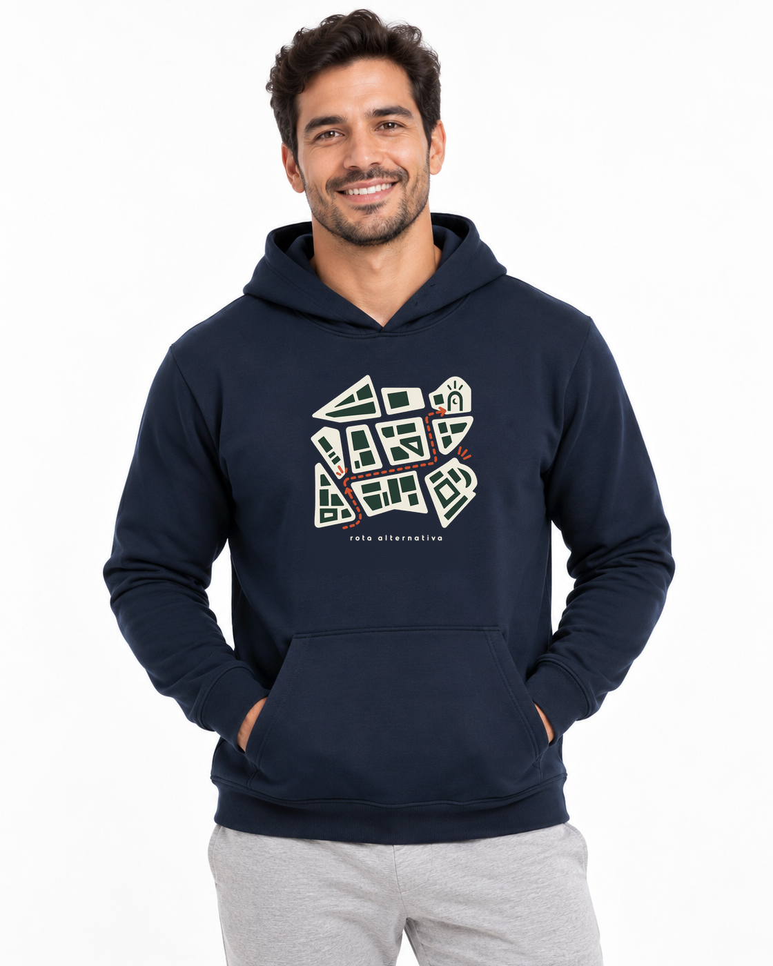 Plano de Emergência — hoodie moletom Entrevoltas — modelo masculino — marinho — estúdio