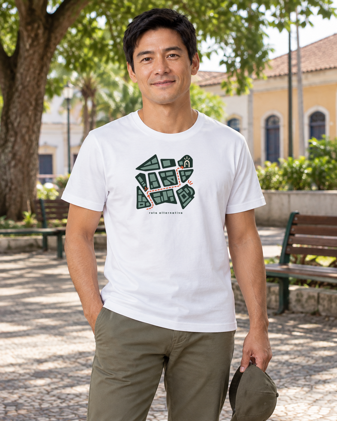 Plano de Emergência — camiseta algodão peruano Entrevoltas — modelo masculino — branca — lifestyle