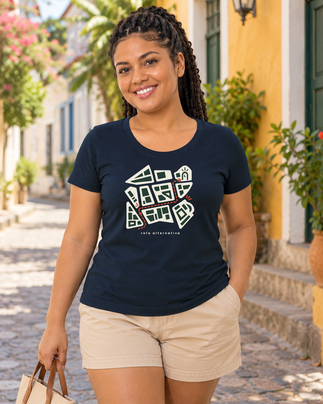 Plano de Emergência — camiseta algodão peruano Entrevoltas — modelo feminino — azul-marinho — lifestyle