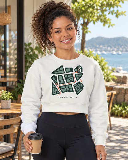 Plano de Emergência — cropped moletom Entrevoltas — modelo feminino — branca — lifestyle