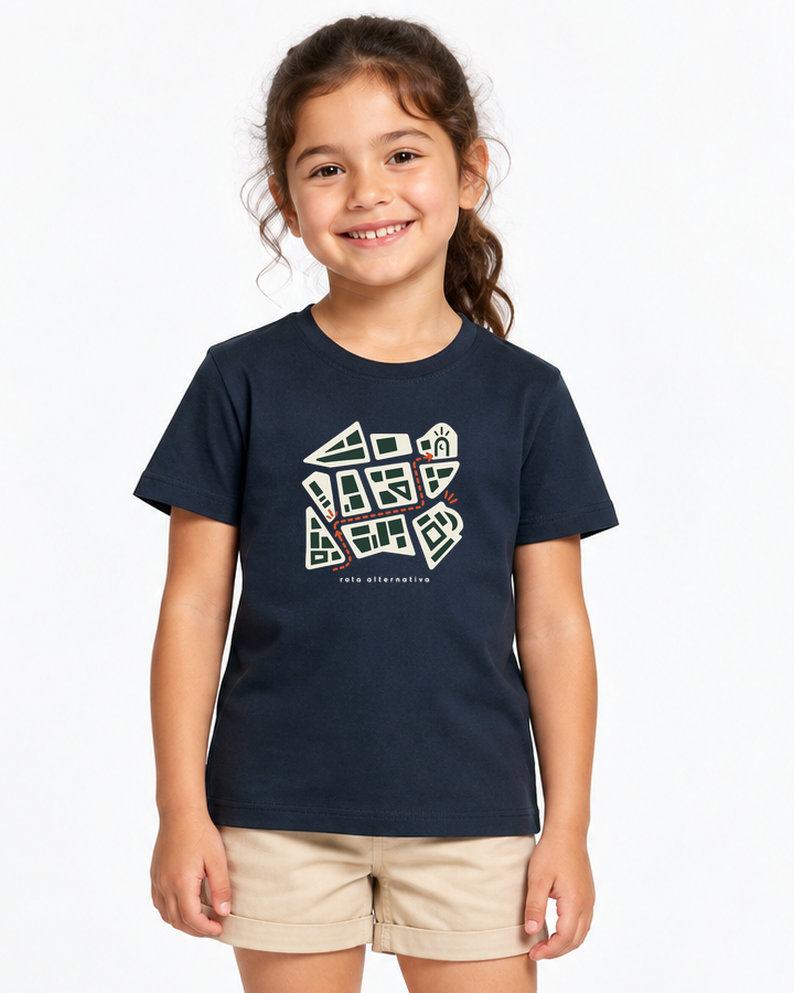 Plano de Emergência — camiseta infantil Entrevoltas — menina — azul-marinho — estúdio
