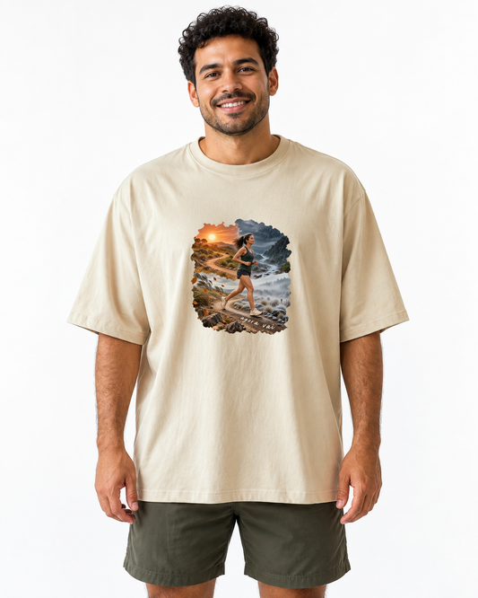 Clima Perfeito — camiseta oversized Entrevoltas — modelo masculino — areia — estúdio