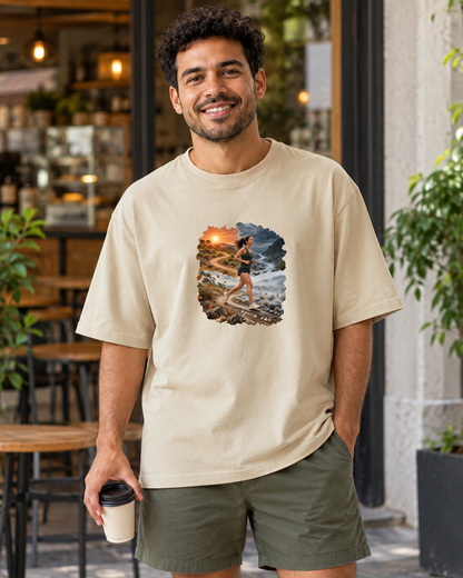 Clima Perfeito — camiseta oversized Entrevoltas — modelo masculino — areia — lifestyle