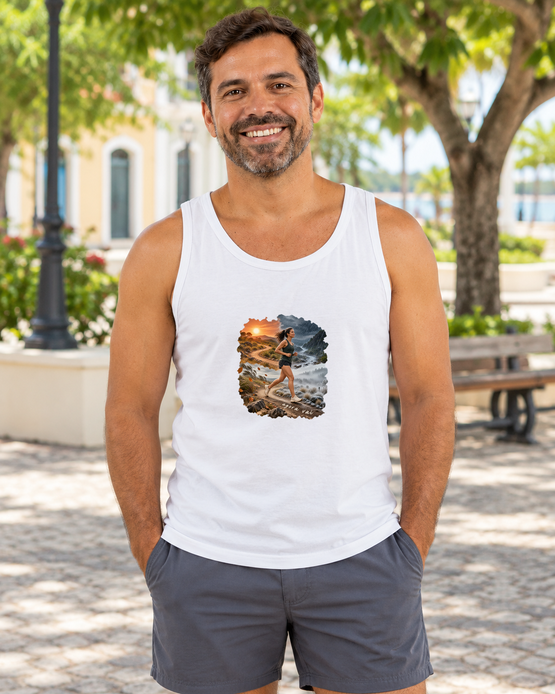 Clima Perfeito — regata unissex Entrevoltas — modelo masculino — branca — lifestyle