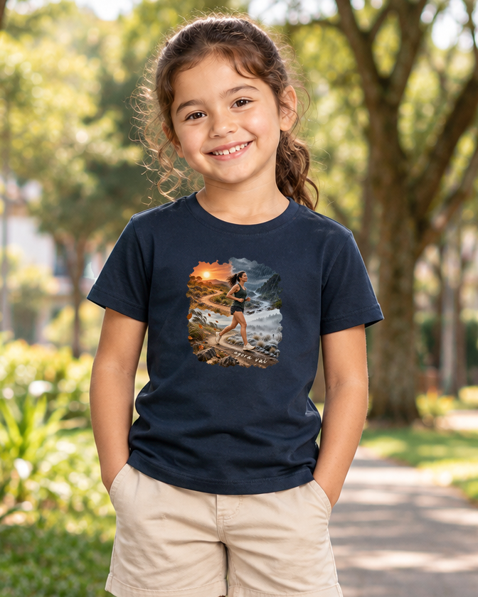 Clima Perfeito — camiseta infantil Entrevoltas — menina — azul-marinho — lifestyle