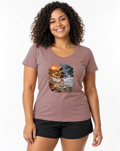 Clima Perfeito — camiseta unissex Entrevoltas — modelo feminino Baby Look — rosa — estúdio