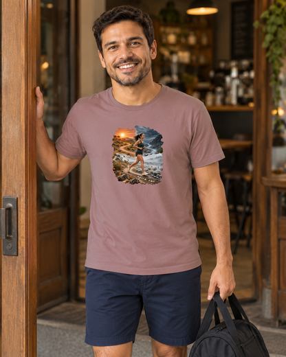 Clima Perfeito — camiseta unissex Entrevoltas — modelo masculino regular — rosa — lifestyle