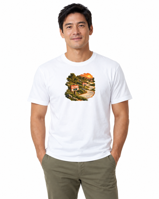 Último Quilômetro — camiseta algodão peruano Entrevoltas — modelo masculino — branca — estúdio