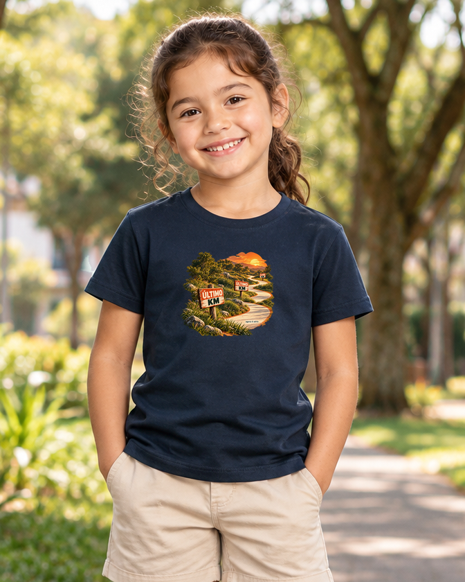 Último Quilômetro — camiseta infantil Entrevoltas — menina — azul-marinho — lifestyle