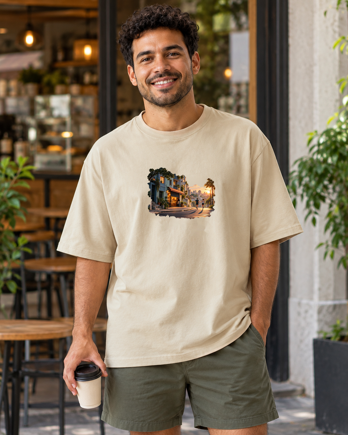 A Cidade Acorda — camiseta oversized Entrevoltas — modelo masculino — areia — lifestyle