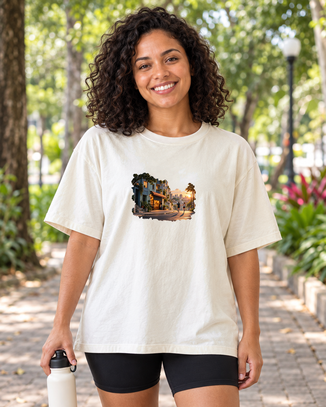 A Cidade Acorda — camiseta oversized Entrevoltas — modelo feminino — off-white — lifestyle