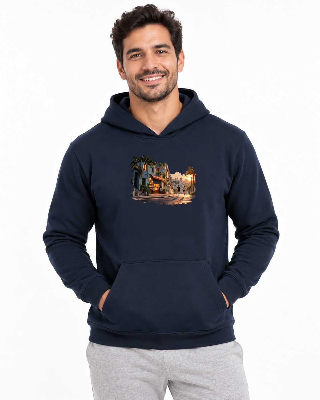 A Cidade Acorda — hoodie moletom Entrevoltas — modelo masculino — marinho — estúdio