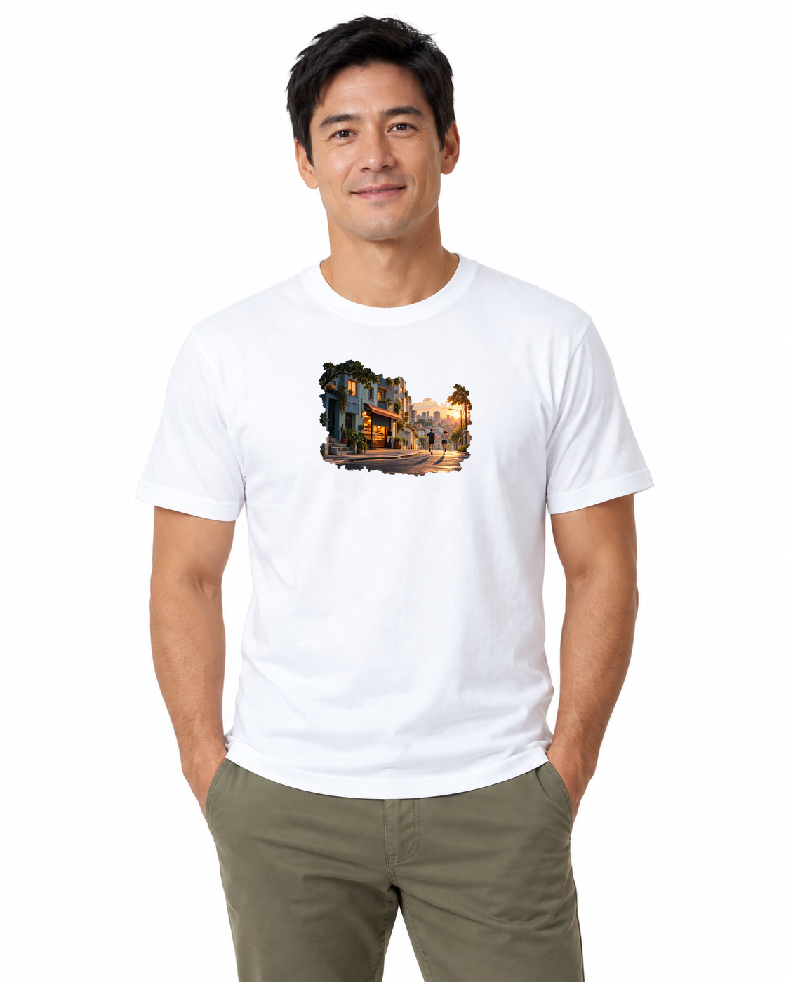 A Cidade Acorda — camiseta algodão peruano Entrevoltas — modelo masculino — branca — estúdio
