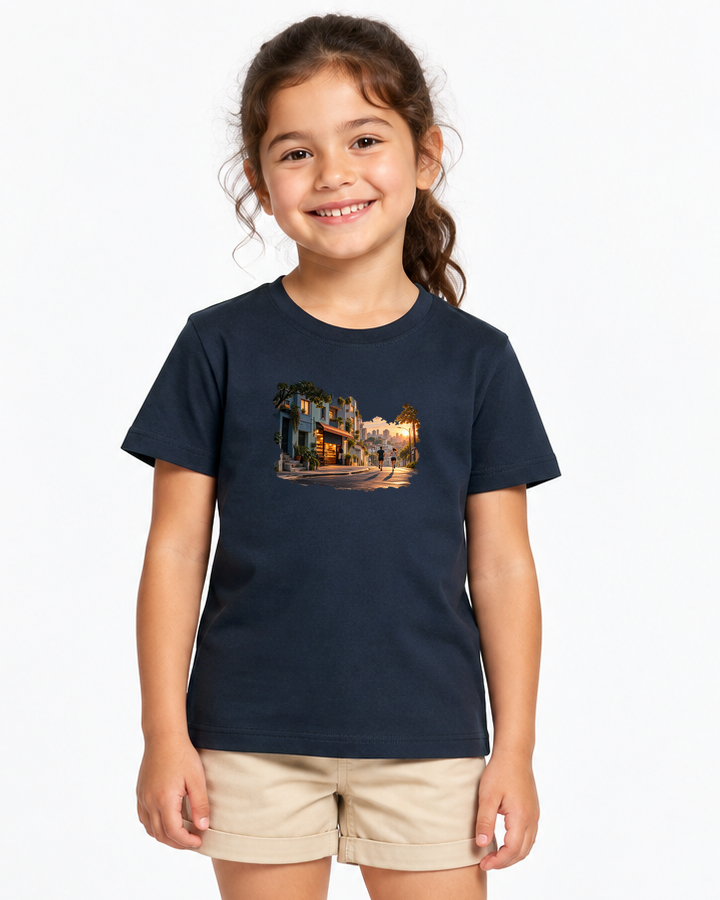 A Cidade Acorda — camiseta infantil Entrevoltas — menina — azul-marinho — estúdio