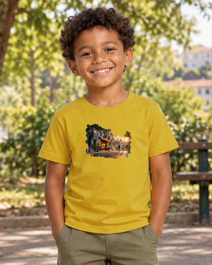 A Cidade Acorda — camiseta infantil Entrevoltas — menino — amarela — lifestyle