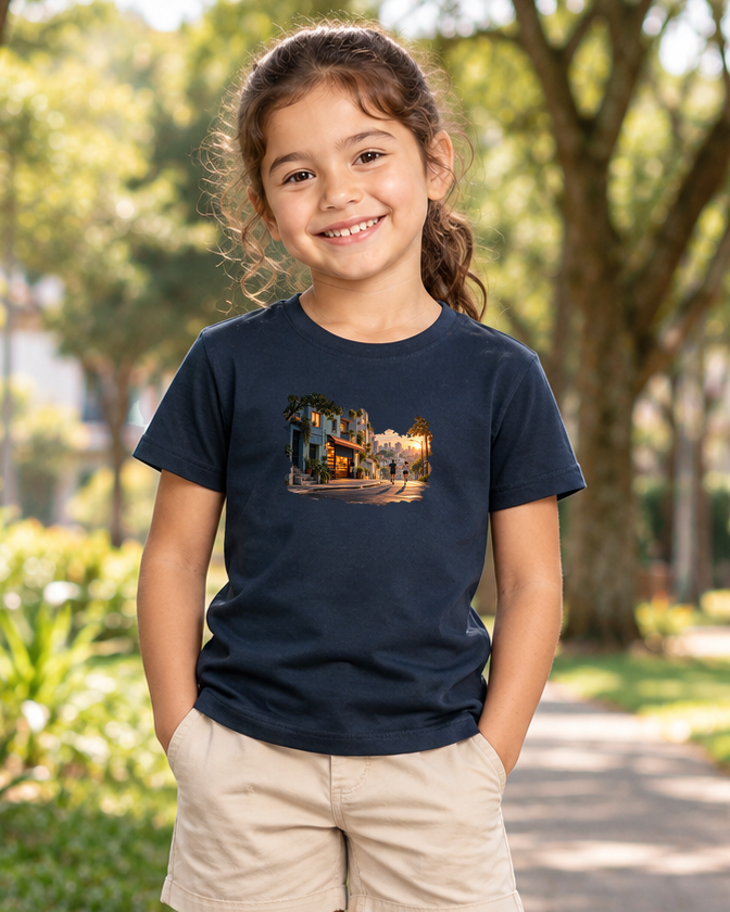 A Cidade Acorda — camiseta infantil Entrevoltas — menina — azul-marinho — lifestyle