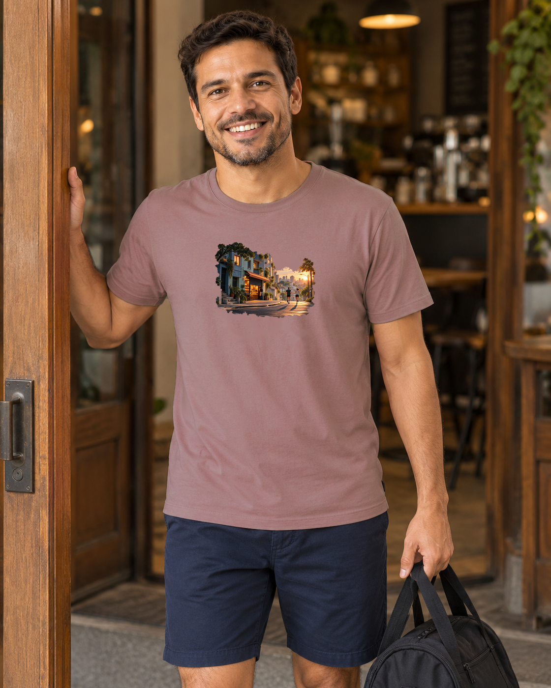 A Cidade Acorda — camiseta unissex Entrevoltas — modelo masculino regular — rosa — lifestyle