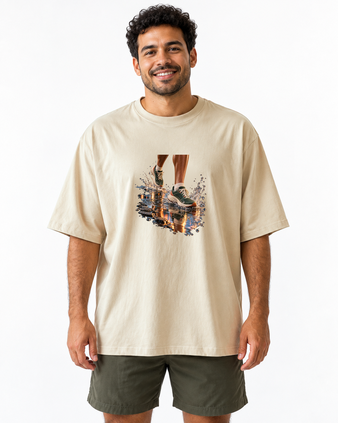 Depois da Chuva — camiseta oversized Entrevoltas — modelo masculino — areia — estúdio