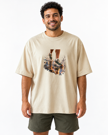 Depois da Chuva — camiseta oversized Entrevoltas — modelo masculino — areia — estúdio