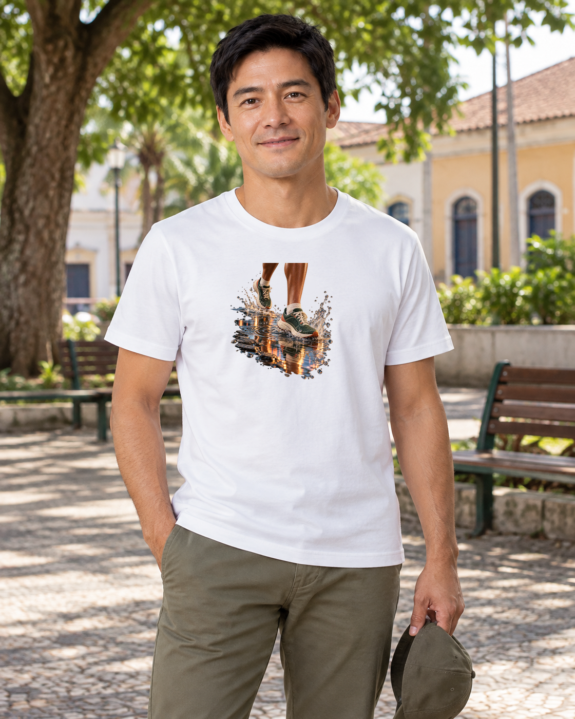 Depois da Chuva — camiseta algodão peruano Entrevoltas — modelo masculino — branca — lifestyle