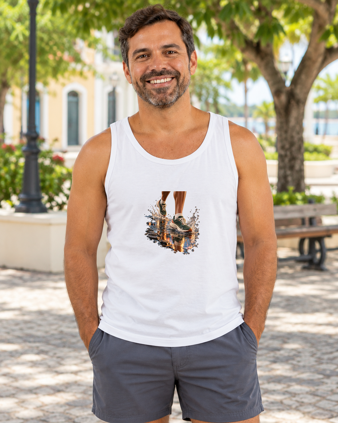 Depois da Chuva — regata unissex Entrevoltas — modelo masculino — branca — lifestyle