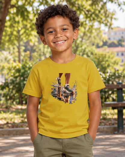 Depois da Chuva — camiseta infantil Entrevoltas — menino — amarela — lifestyle