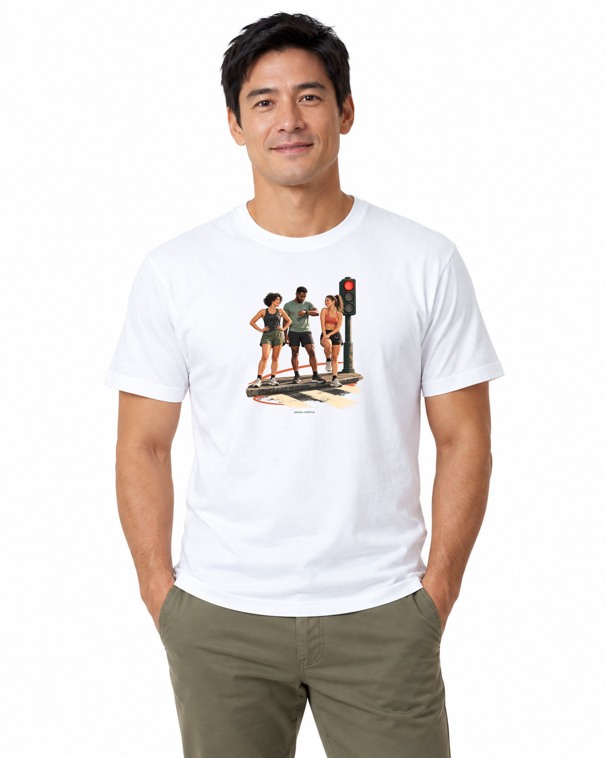 Semáforo Vermelho — camiseta algodão peruano Entrevoltas — modelo masculino — branca — estúdio