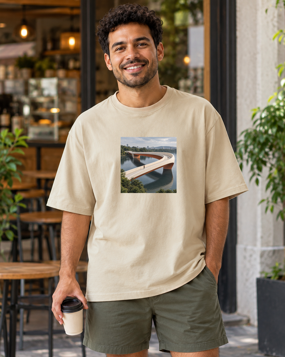 Pontes e Voltas — camiseta oversized Entrevoltas — modelo masculino — areia — lifestyle