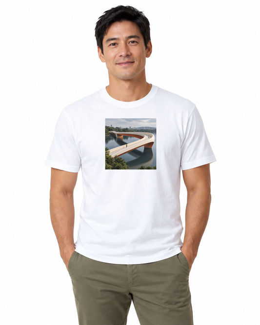 Pontes e Voltas — camiseta algodão peruano Entrevoltas — modelo masculino — branca — estúdio