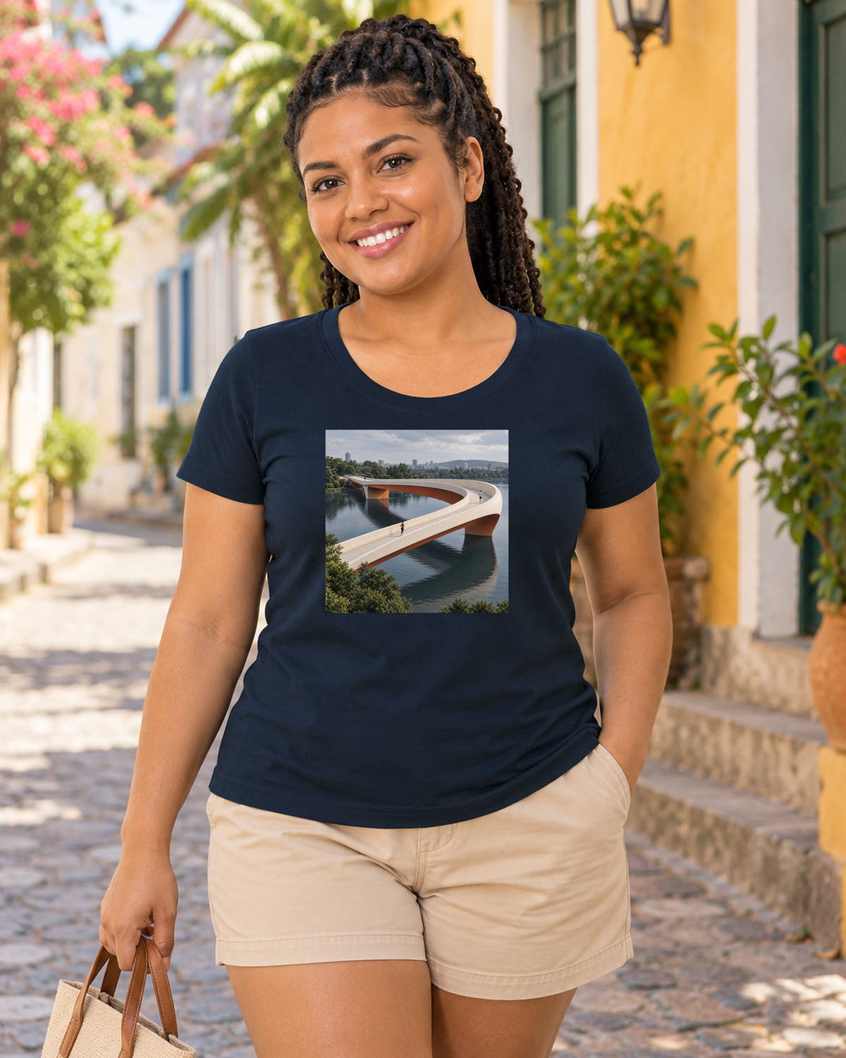 Pontes e Voltas — camiseta algodão peruano Entrevoltas — modelo feminino — azul-marinho — lifestyle