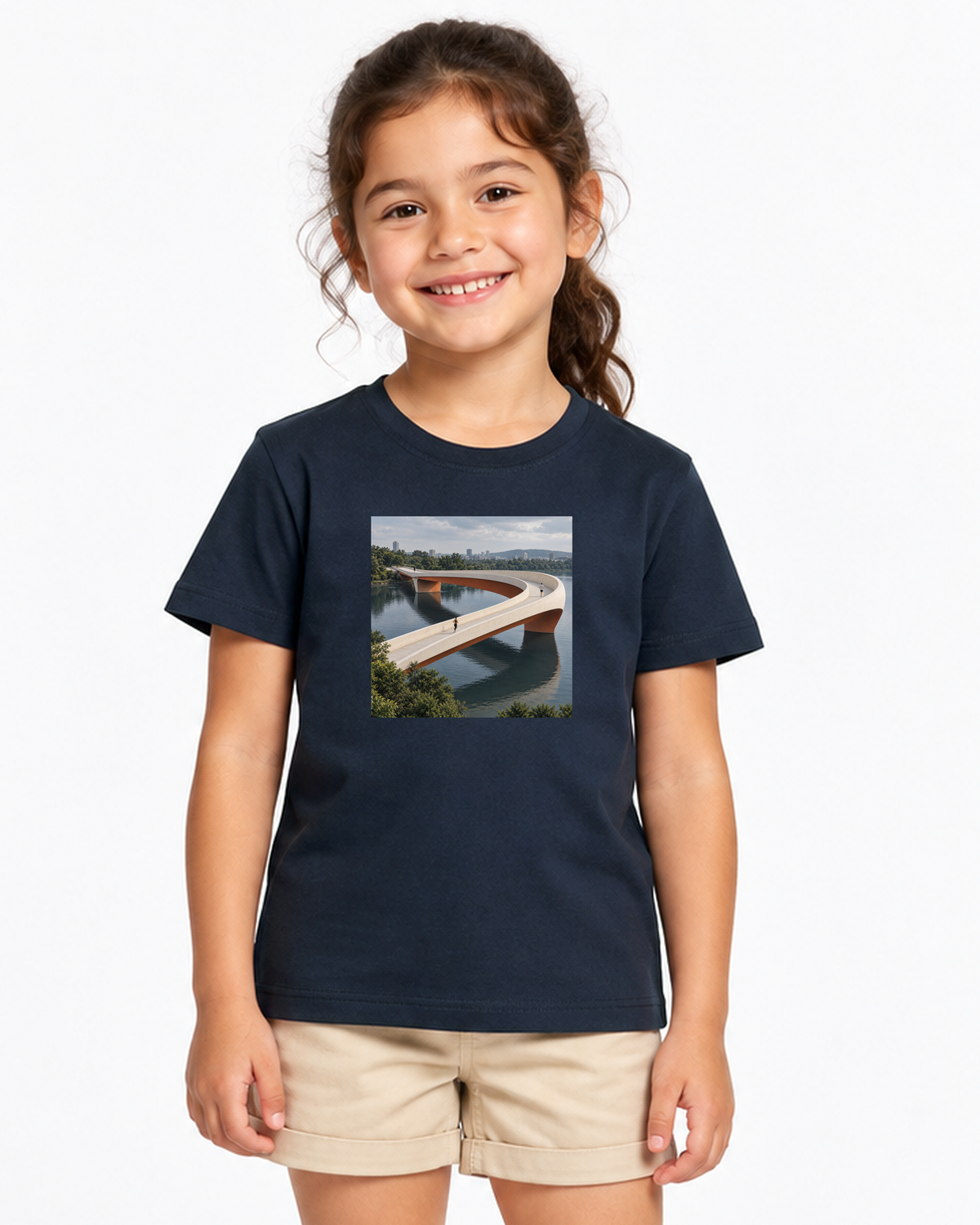 Pontes e Voltas — camiseta infantil Entrevoltas — menina — azul-marinho — estúdio