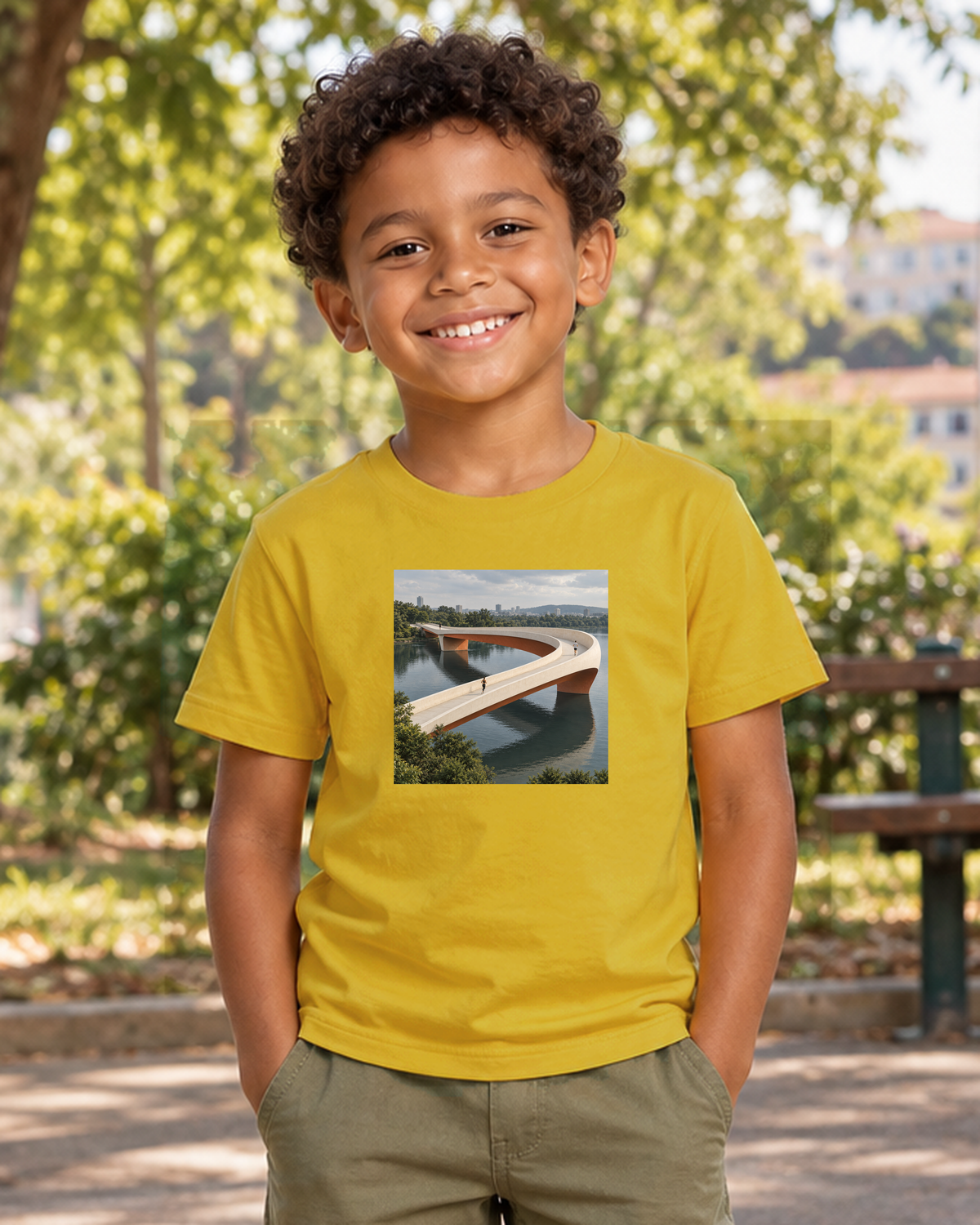 Pontes e Voltas — camiseta infantil Entrevoltas — menino — amarela — lifestyle