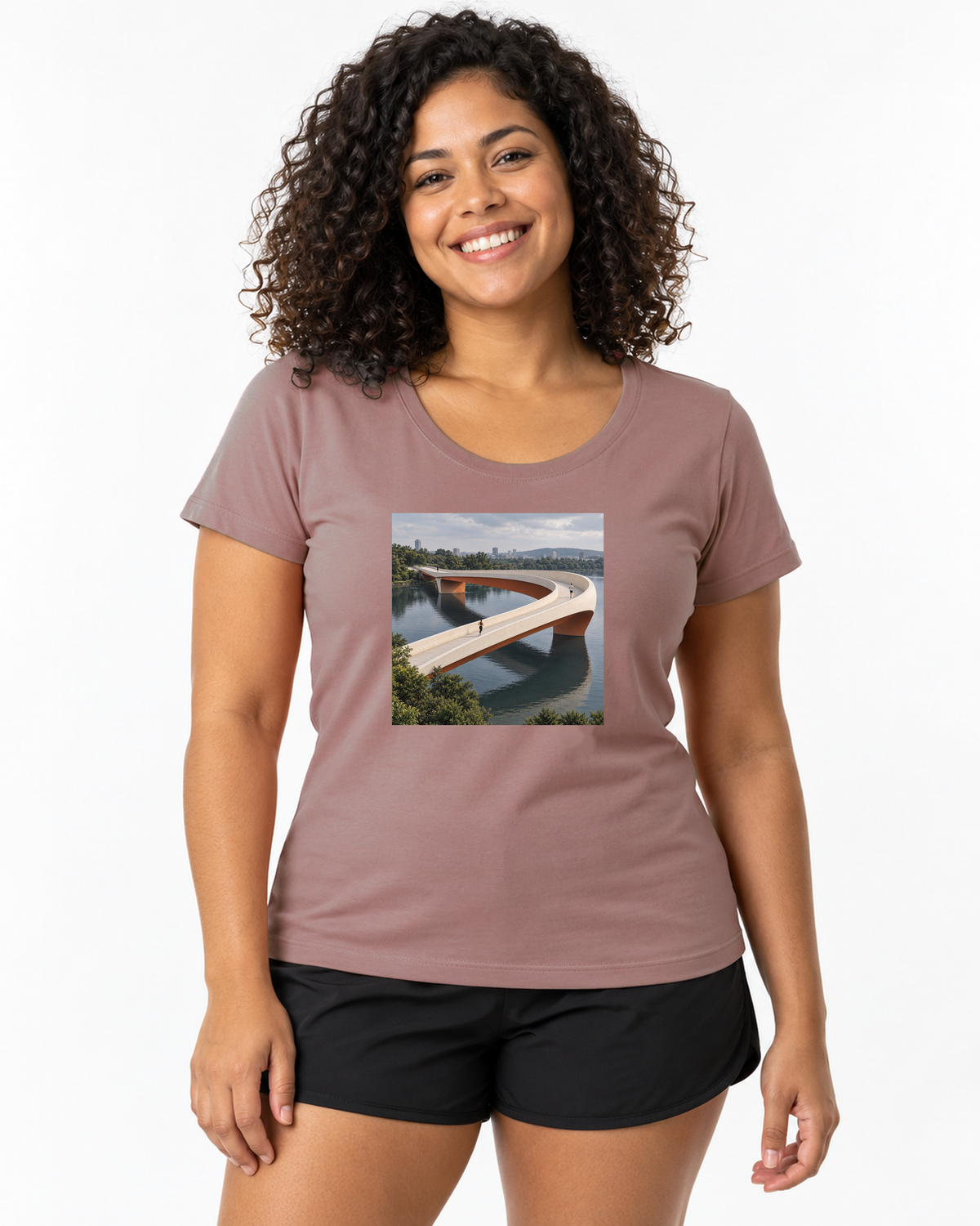 Pontes e Voltas — camiseta unissex Entrevoltas — modelo feminino Baby Look — rosa — estúdio