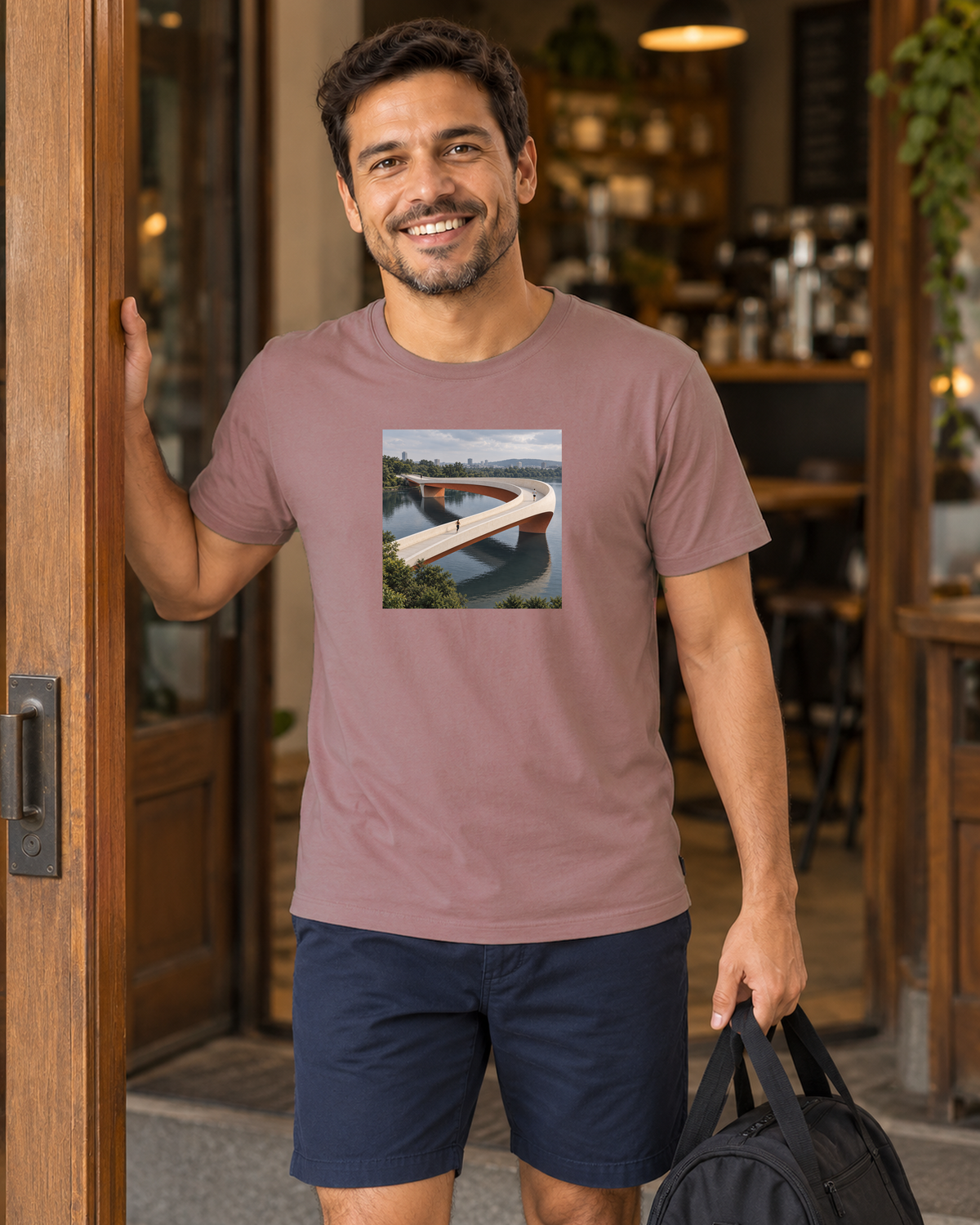 Pontes e Voltas — camiseta unissex Entrevoltas — modelo masculino regular — rosa — lifestyle