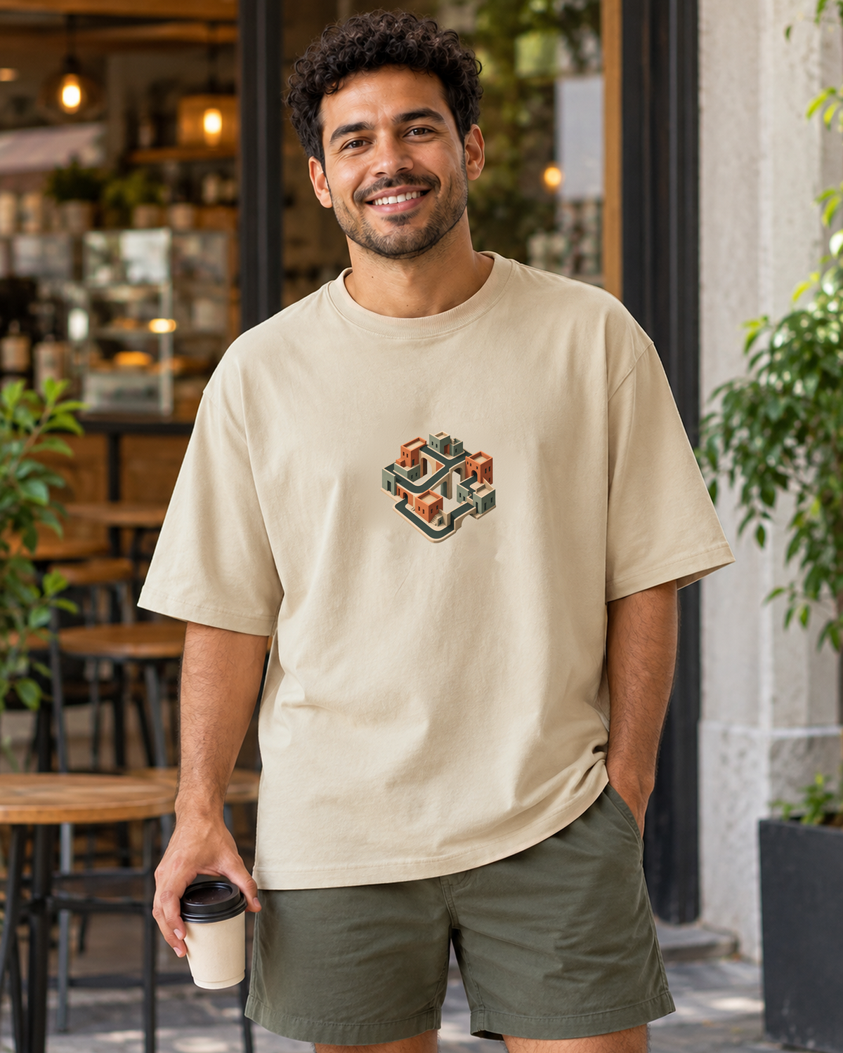 Quarteirão Infinito — camiseta oversized Entrevoltas — modelo masculino — areia — lifestyle