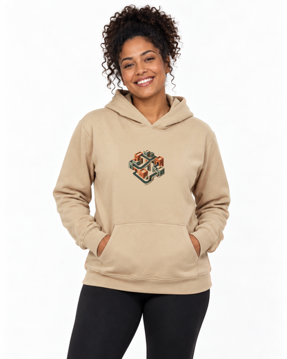 Quarteirão Infinito — hoodie moletom Entrevoltas — modelo feminino — bege — estúdio