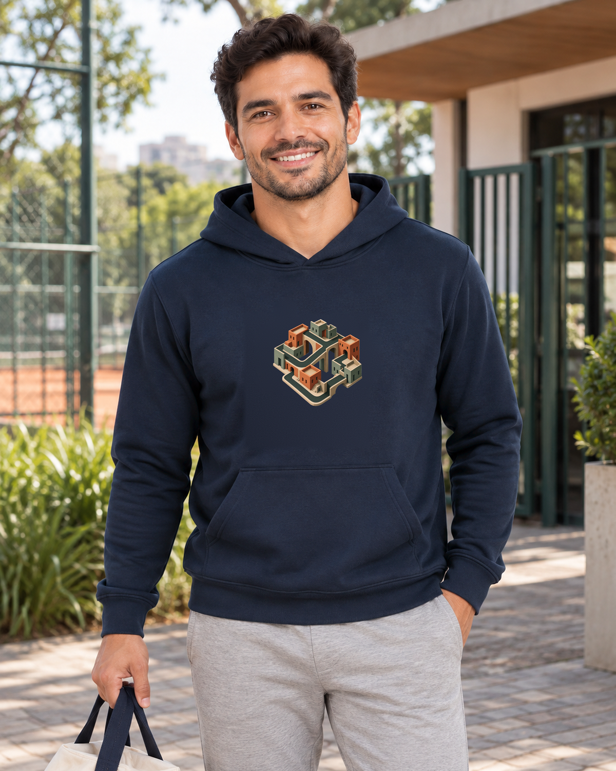 Quarteirão Infinito — hoodie moletom Entrevoltas — modelo masculino — marinho — lifestyle