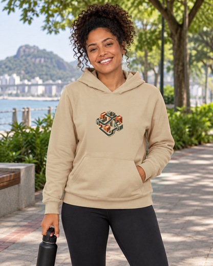 Quarteirão Infinito — hoodie moletom Entrevoltas — modelo feminino — bege — lifestyle