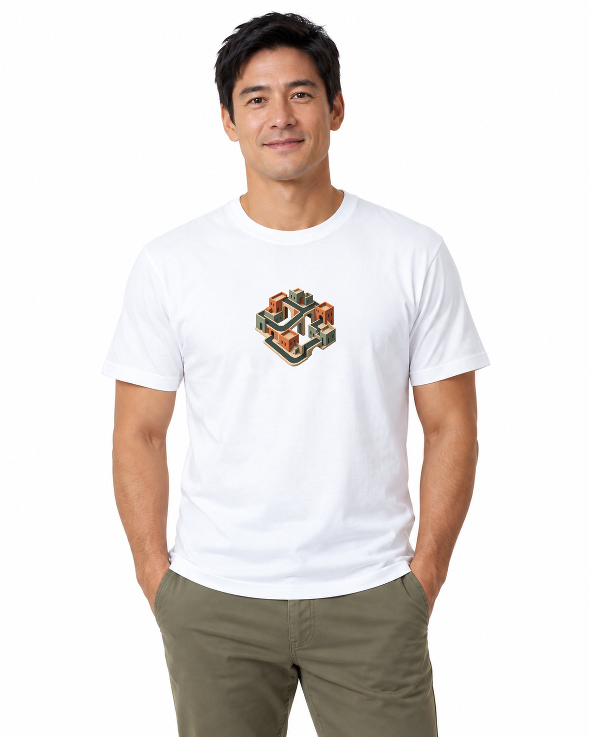 Quarteirão Infinito — camiseta algodão peruano Entrevoltas — modelo masculino — branca — estúdio